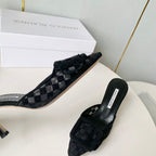 Manolo Mules Latest Checkerboard Black Fabric Leather 528010