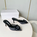 Manolo Mules Latest Checkerboard Grey Fabric Leather 528009