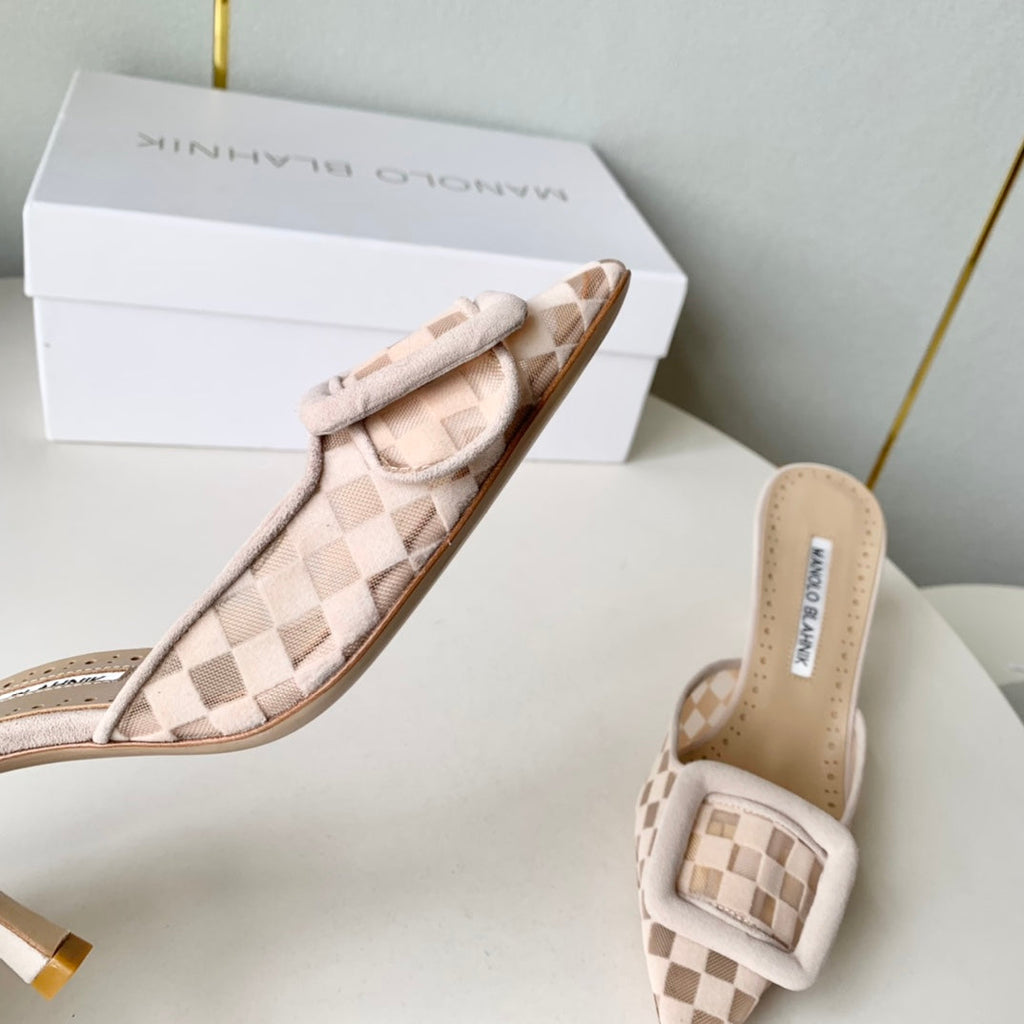 Manolo Mules Latest Checkerboard Beige Fabric Leather 528011