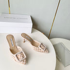 Manolo Mules Latest Checkerboard Beige Fabric Leather 528011