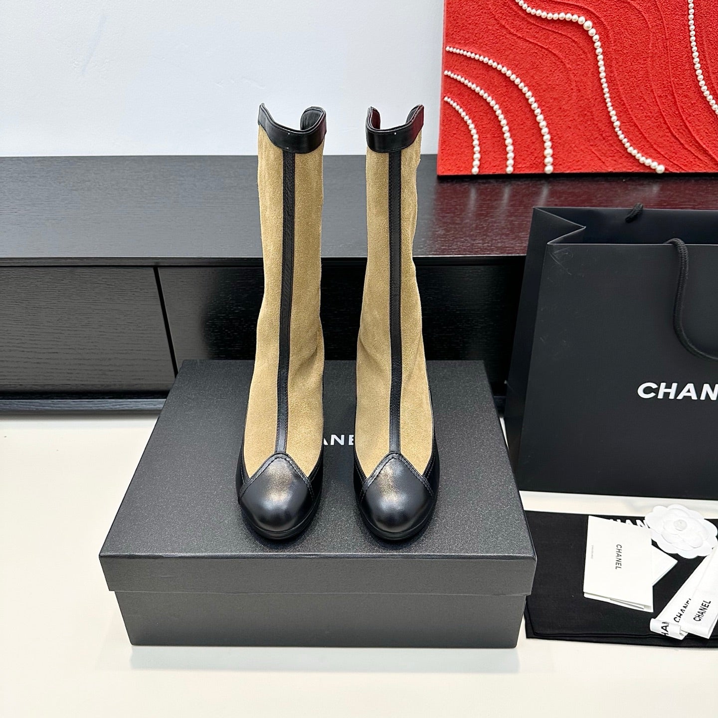 CC 25th Métiers d’art High Boots 55mm Black Beige Suede & Cowhide 413021