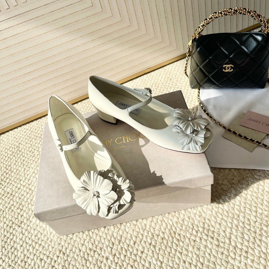 Jimmy Choo Skye Corsage Ballet Flat White Sheepskin 669839