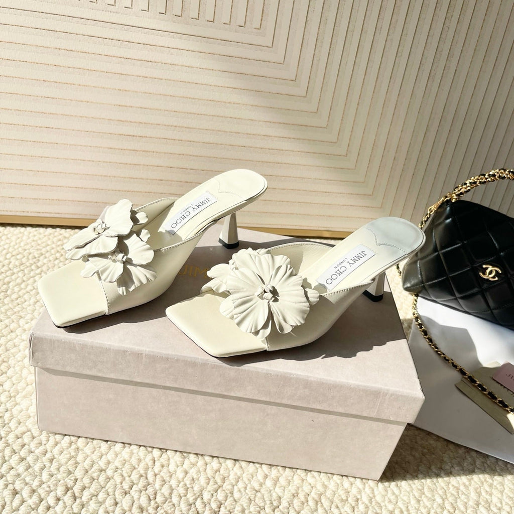 Jimmy Choo Skye Corsage Sandals White Sheepskin 669840