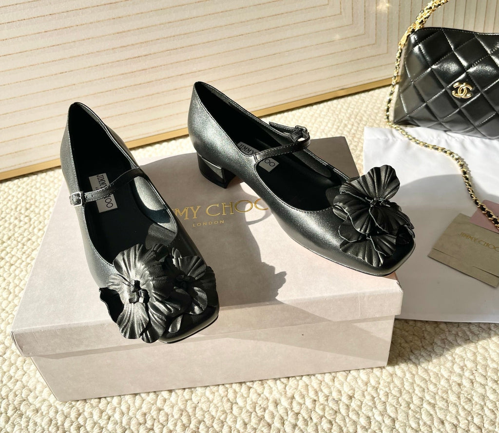 Jimmy Choo Skye Corsage Ballet Flat Black Sheepskin 669845
