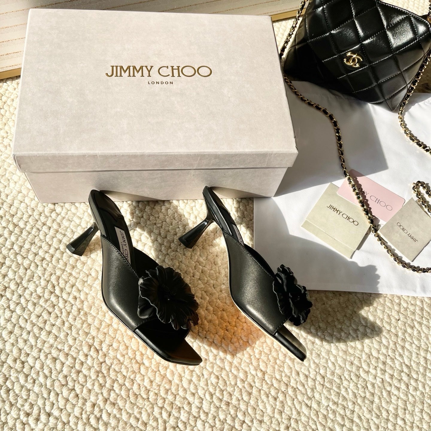 Jimmy Choo Skye Corsage Sandals Black Sheepskin 669846