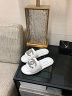 CC Flat Slides White Braided Raffia Crystal Embellished 688666