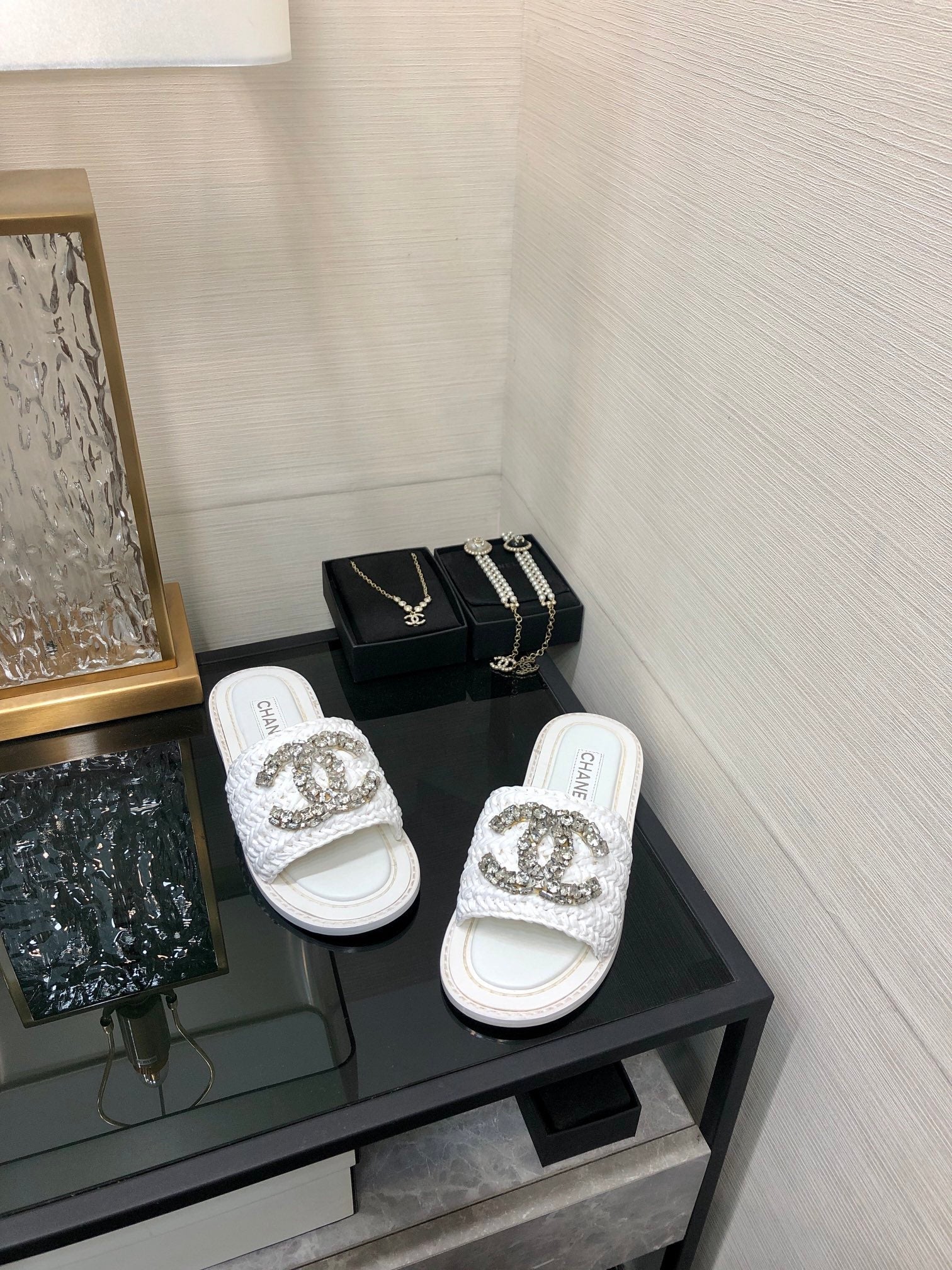 CC Flat Slides White Braided Raffia Crystal Embellished 688666