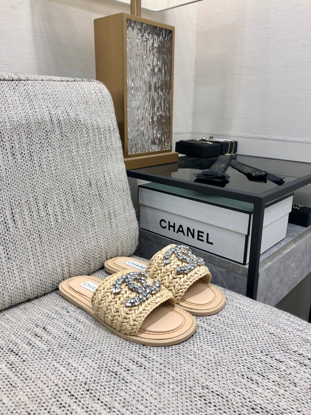 CC Flat Slides Beige Braided Raffia Crystal Embellished 688667