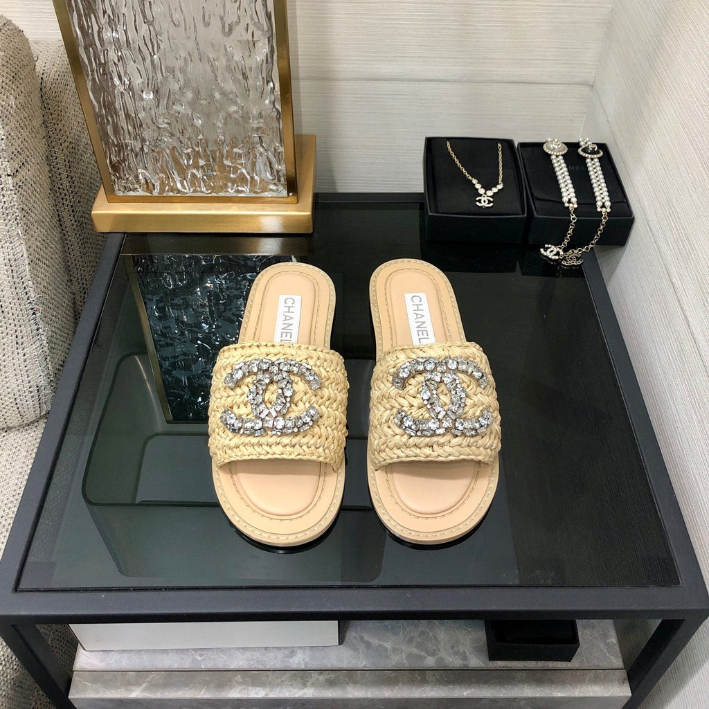 CC Flat Slides Beige Braided Raffia Crystal Embellished 688667