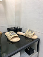 CC Flat Slides Beige Braided Raffia Crystal Embellished 688667