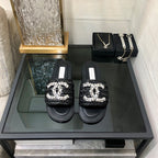 CC Flat Slides Black Braided Raffia Crystal Embellished 688668