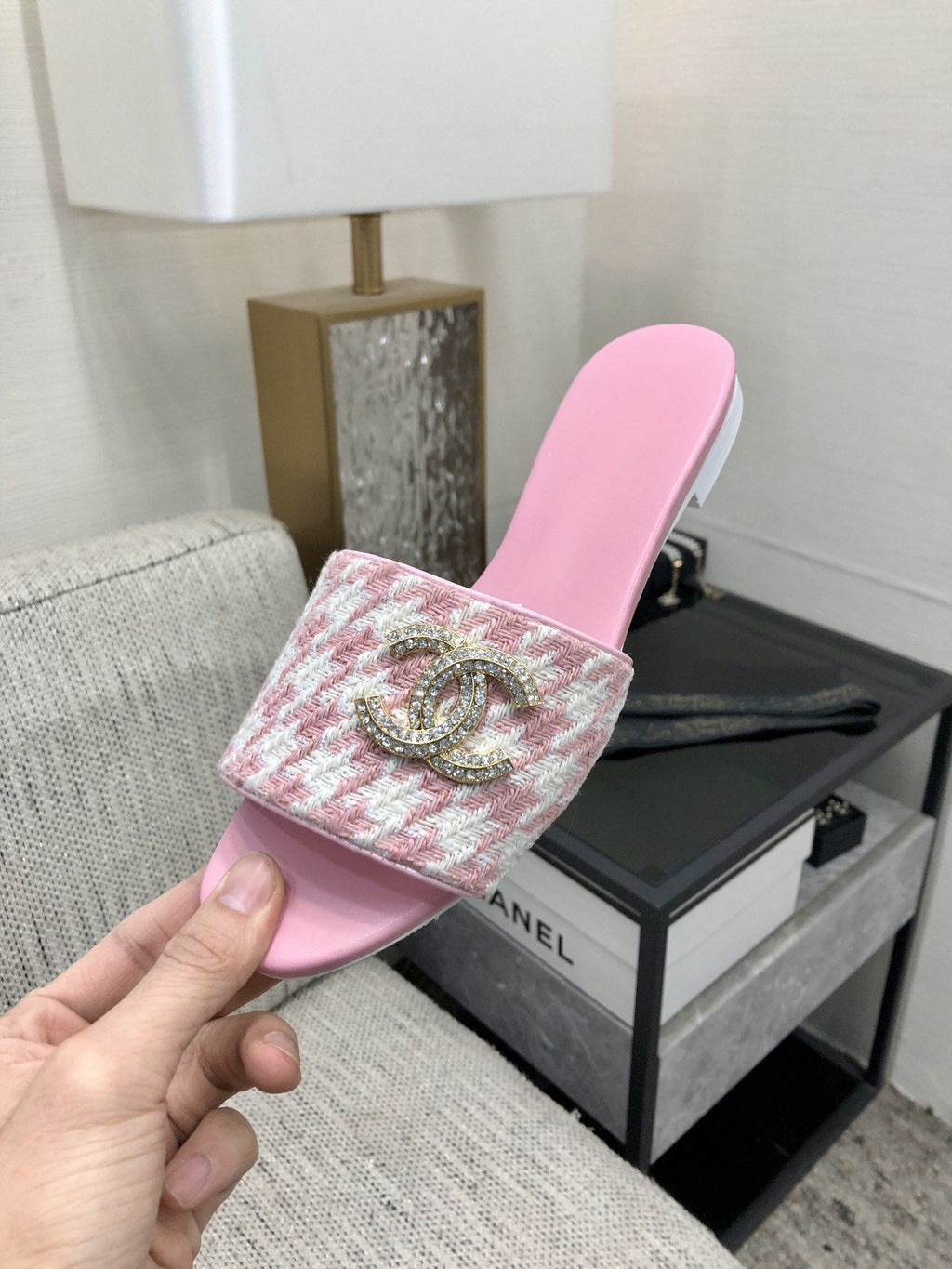 mule sandal pink white houndstooth fabric