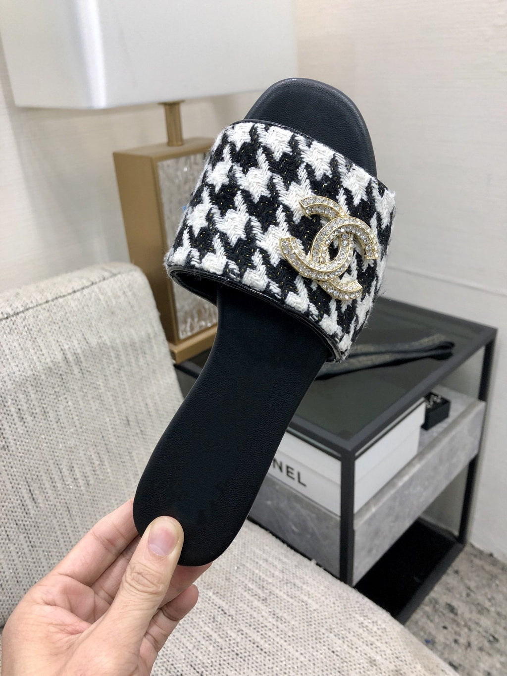 mule sandal black white houndstooth fabric