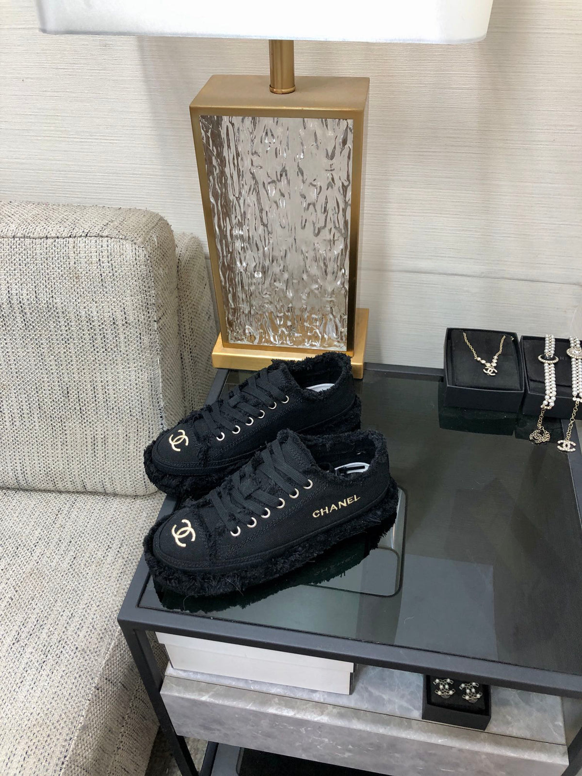 CC Sneaker Black Fringe Denim Fabric
