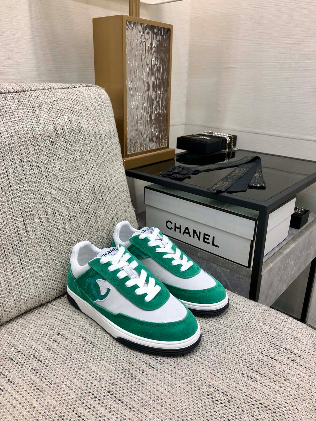 CC Sneaker In Green Mix White Suede