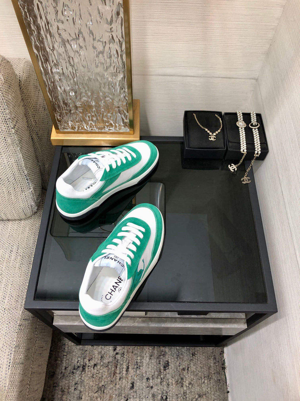 CC Sneaker In Green Mix White Suede