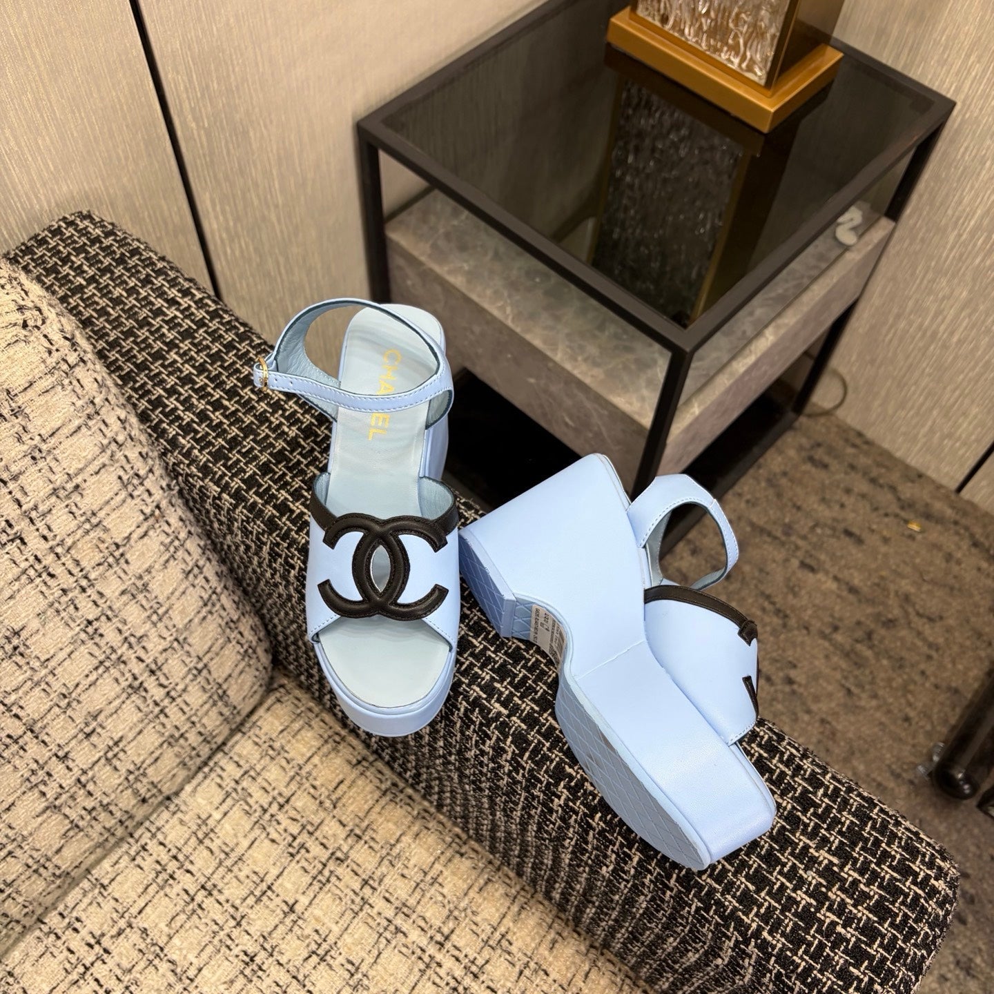CC 26s Platform Sandals Light Blue Black Sheepskin 688704