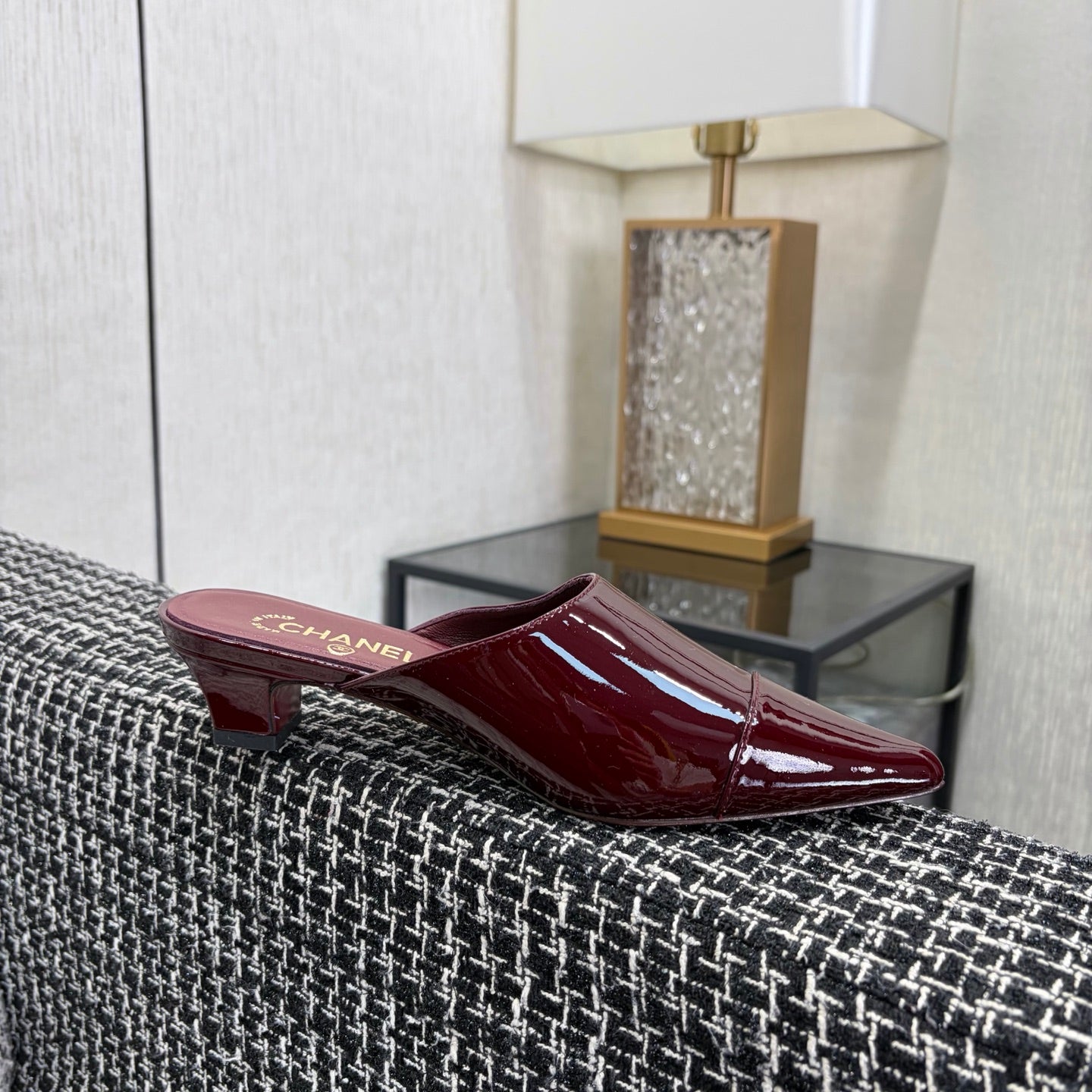 CC 2026 Pointed Toe Mule 4cm Burgundy Patent Leather 688709