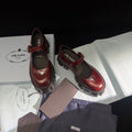 Prada Brushed Monolith Mary Janes Loafer Burgundy Leather 606061
