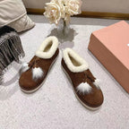Miu Booties Dark Brown Suede Shearling-Lined with Fur Tassels 455927