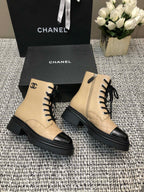 SHORT BOOTS  BEIGE CREAM MIX BLACK SUEDE LAMBSKIN