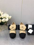 CC 26s Camellia Lug Sole Loafers Black Beige Cotton Suede 673051
