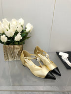 CAMELLIA CAP JANE SANDALS IN GOLD MIX BLACK LAMBSKIN