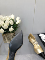 CAMELLIA CAP JANE SANDALS IN GOLD MIX BLACK LAMBSKIN