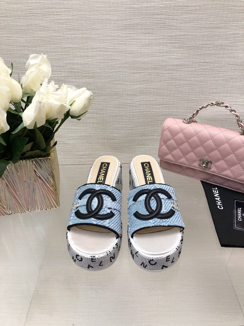 CC 25C Platform Slide Sandals Steed Blue Fabric 213131