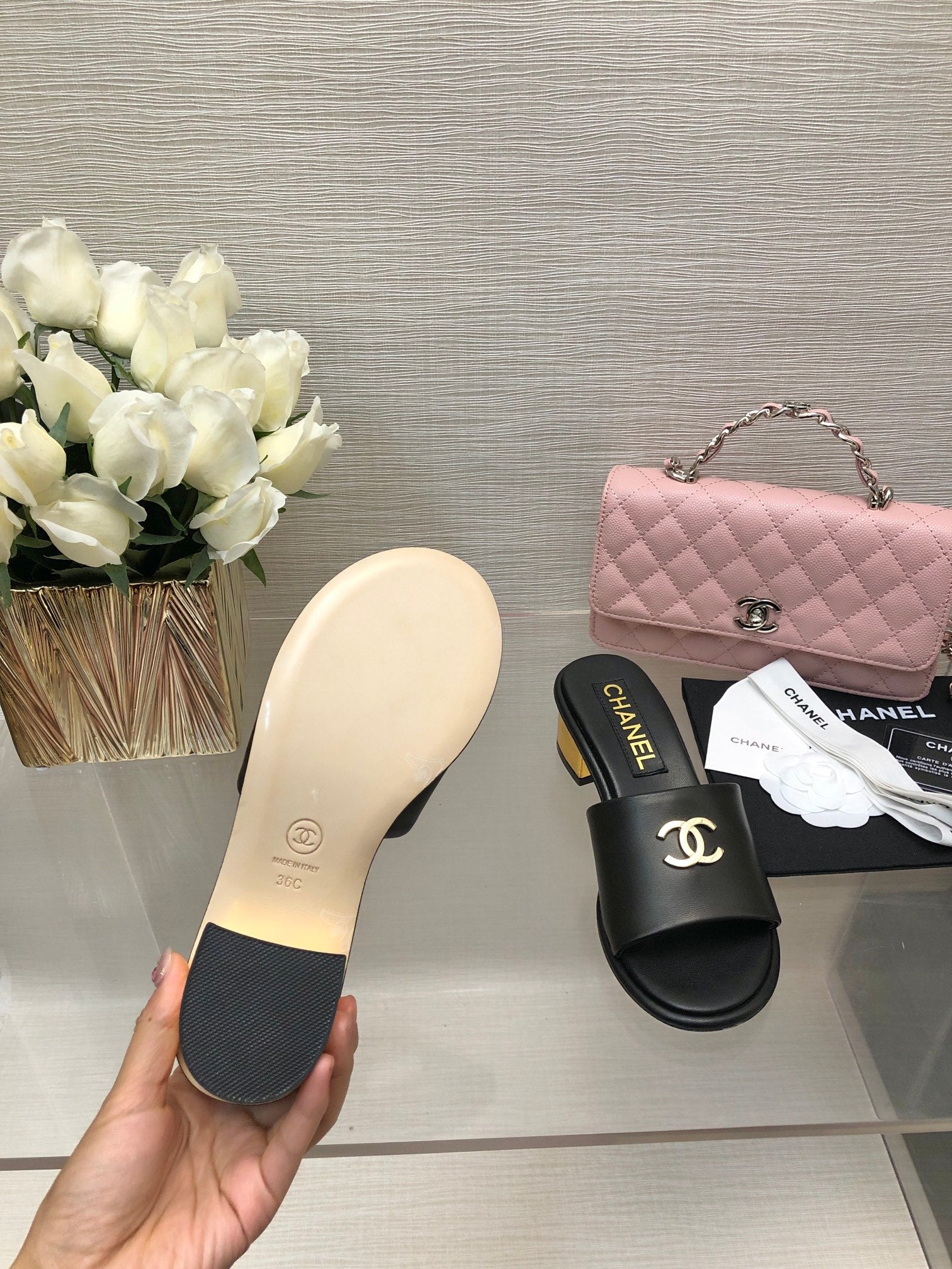 CC 25C Mid Heel Mule Black   Calfskin 212956