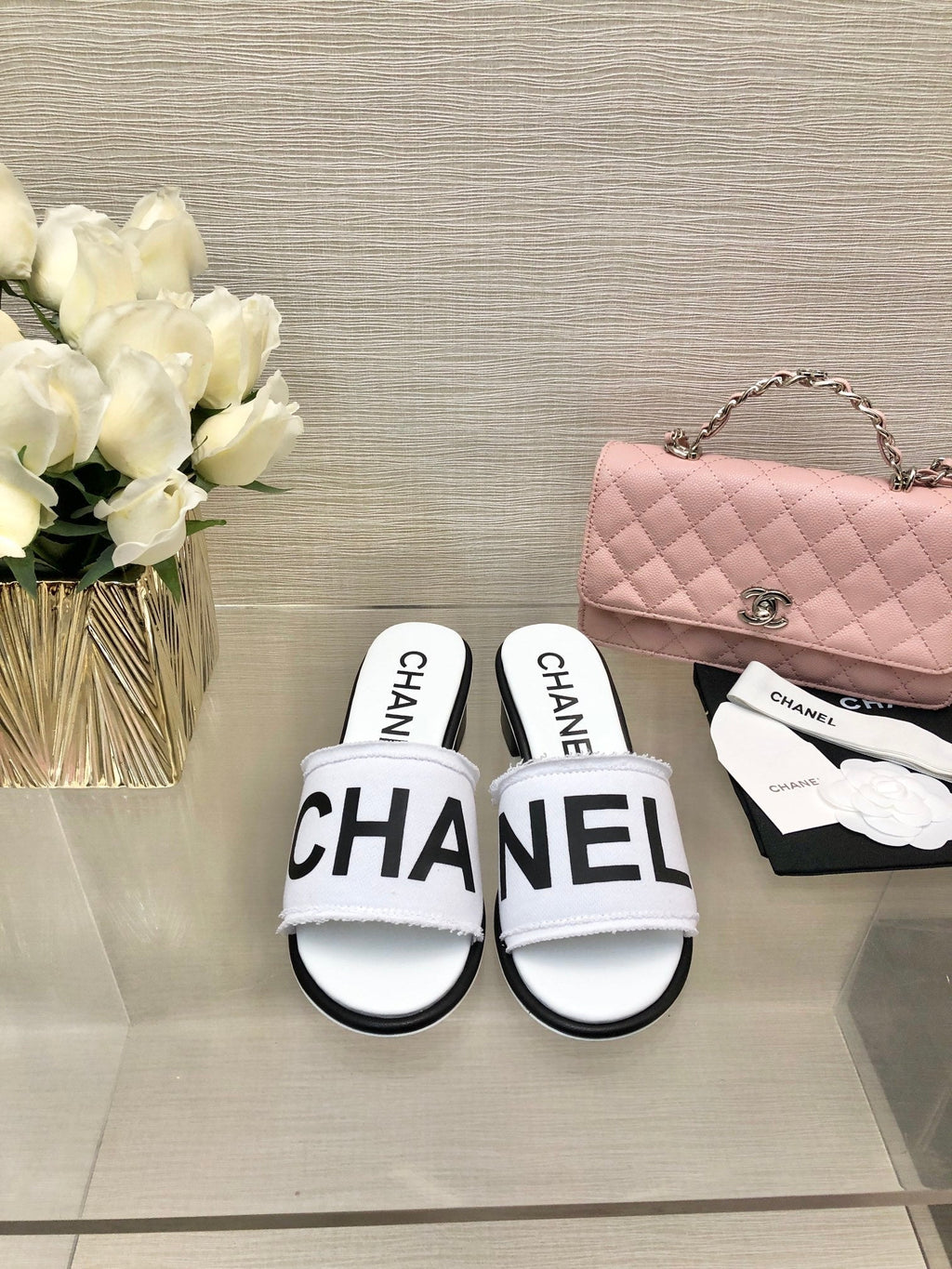 CC 25C Mid Heel Mule White Fabric Material 212959