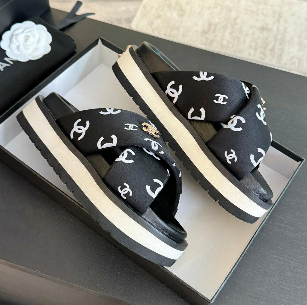 cc cross sandal mule black lambskin multi logo