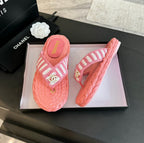 cc thong sandal striped pink white satin fabric