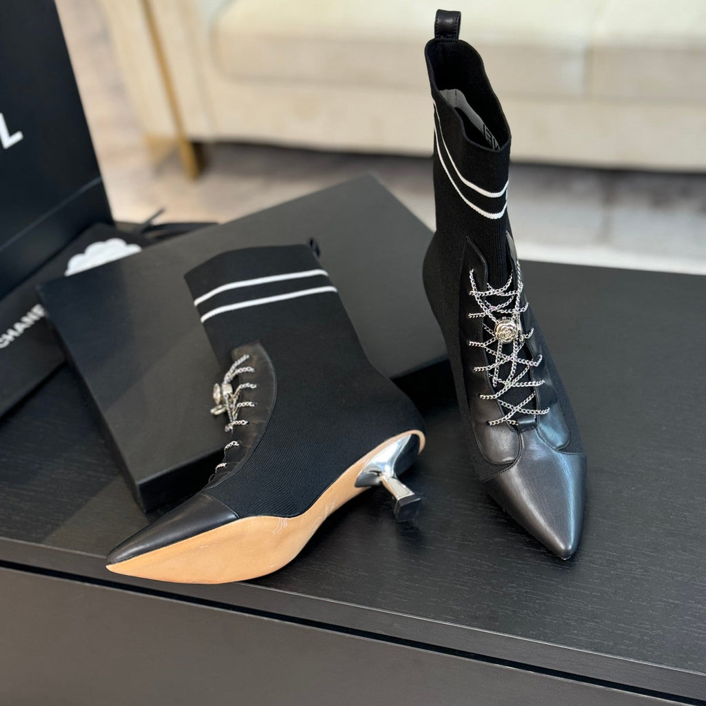CC Ankle Boots Black Chain Wool And Lambskin