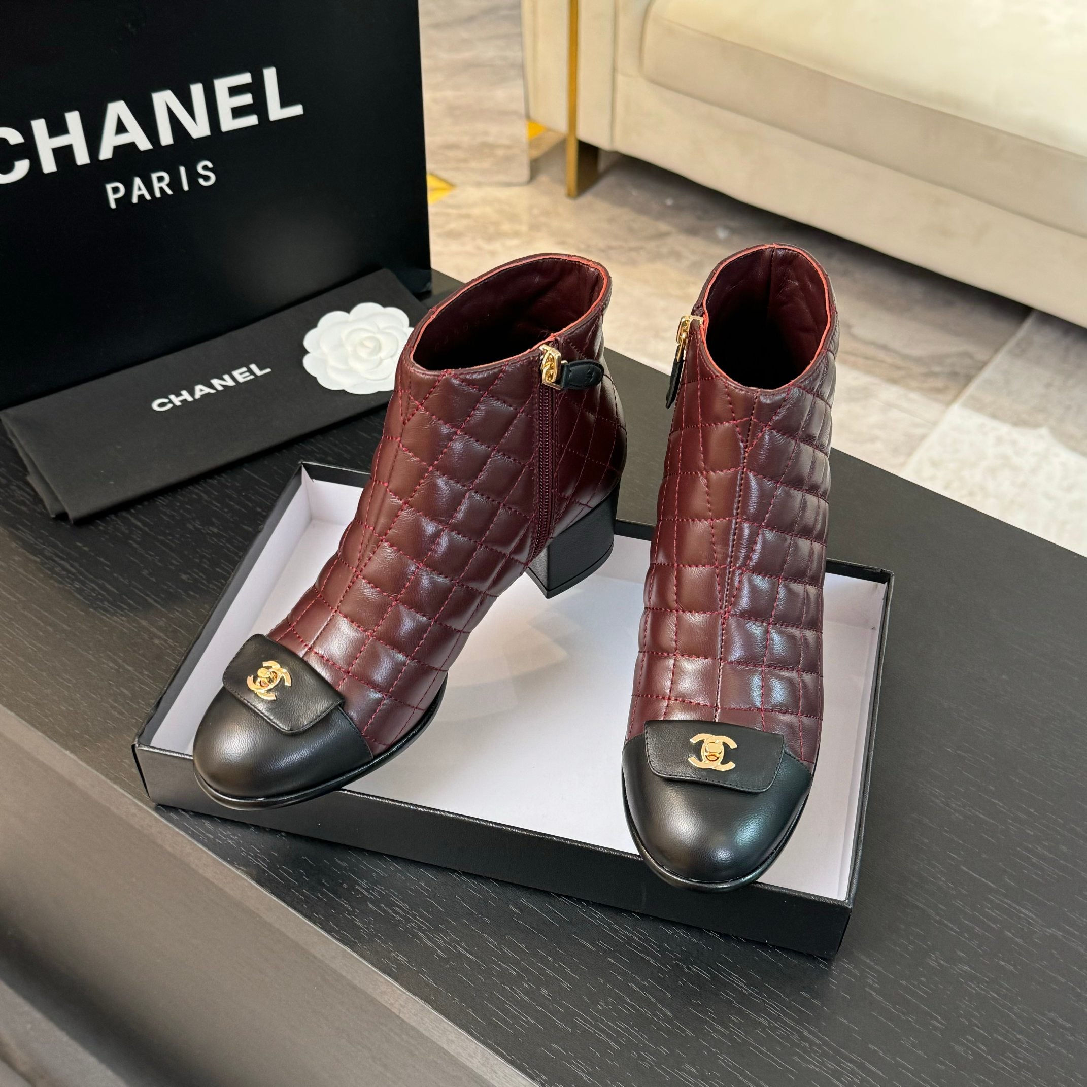 CC Ankle Boots 50mm Burgundy Black Quilted Lambskin