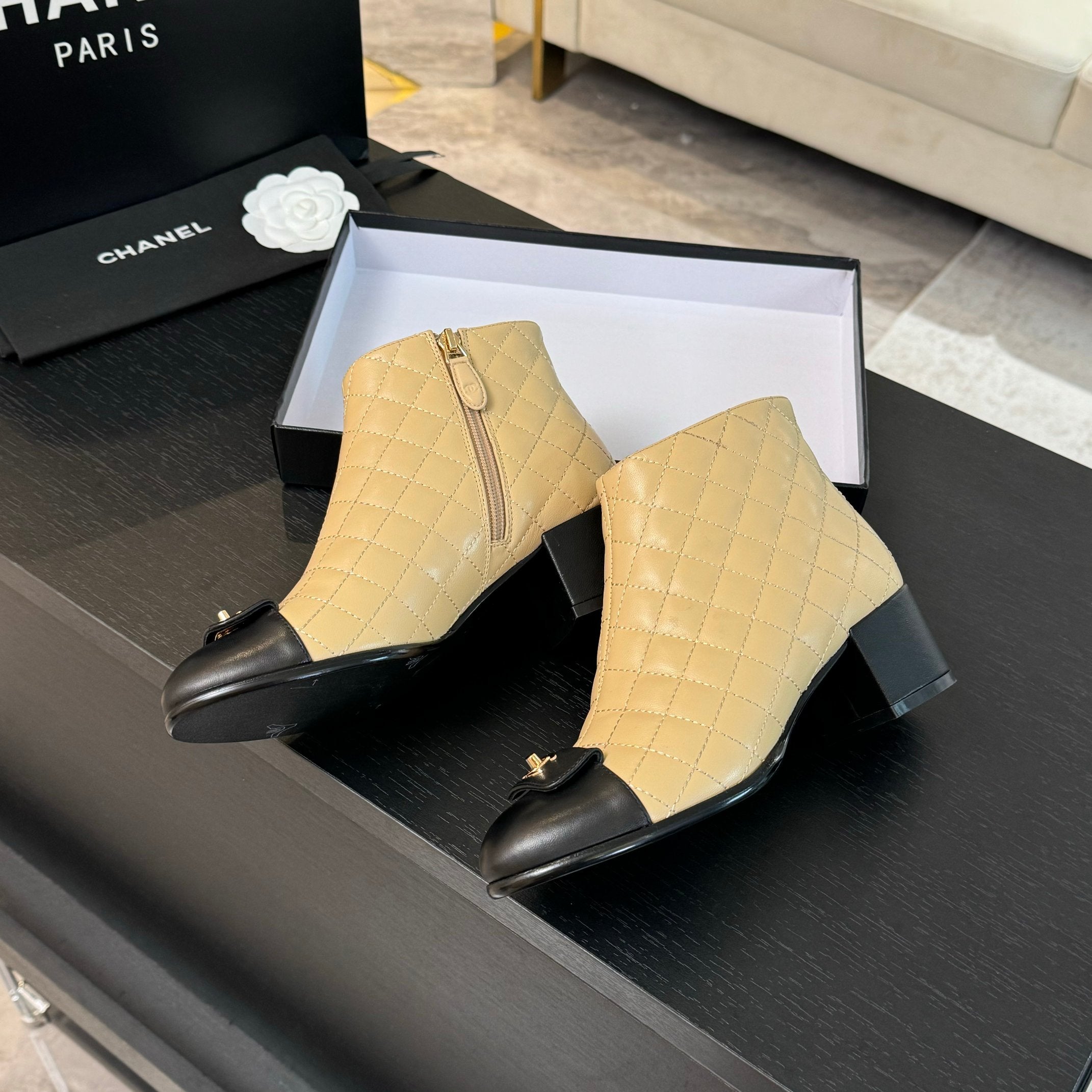 CC Ankle Boots 50mm Beige Black Quilted Lambskin
