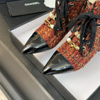 CC Ankle Boots Orange Red Beaded Tweed Fabric And Lambskin