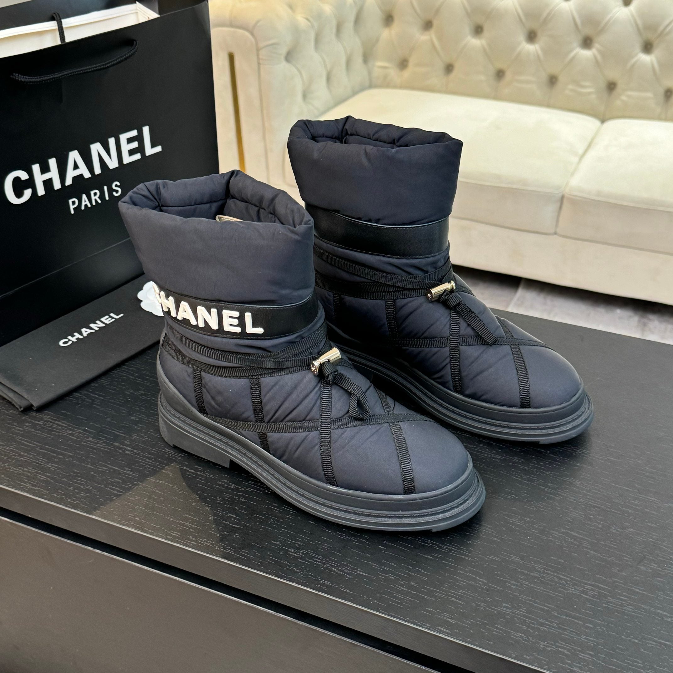 CC Ankle Boots Grey Mix Black Wind Cloth Quilted