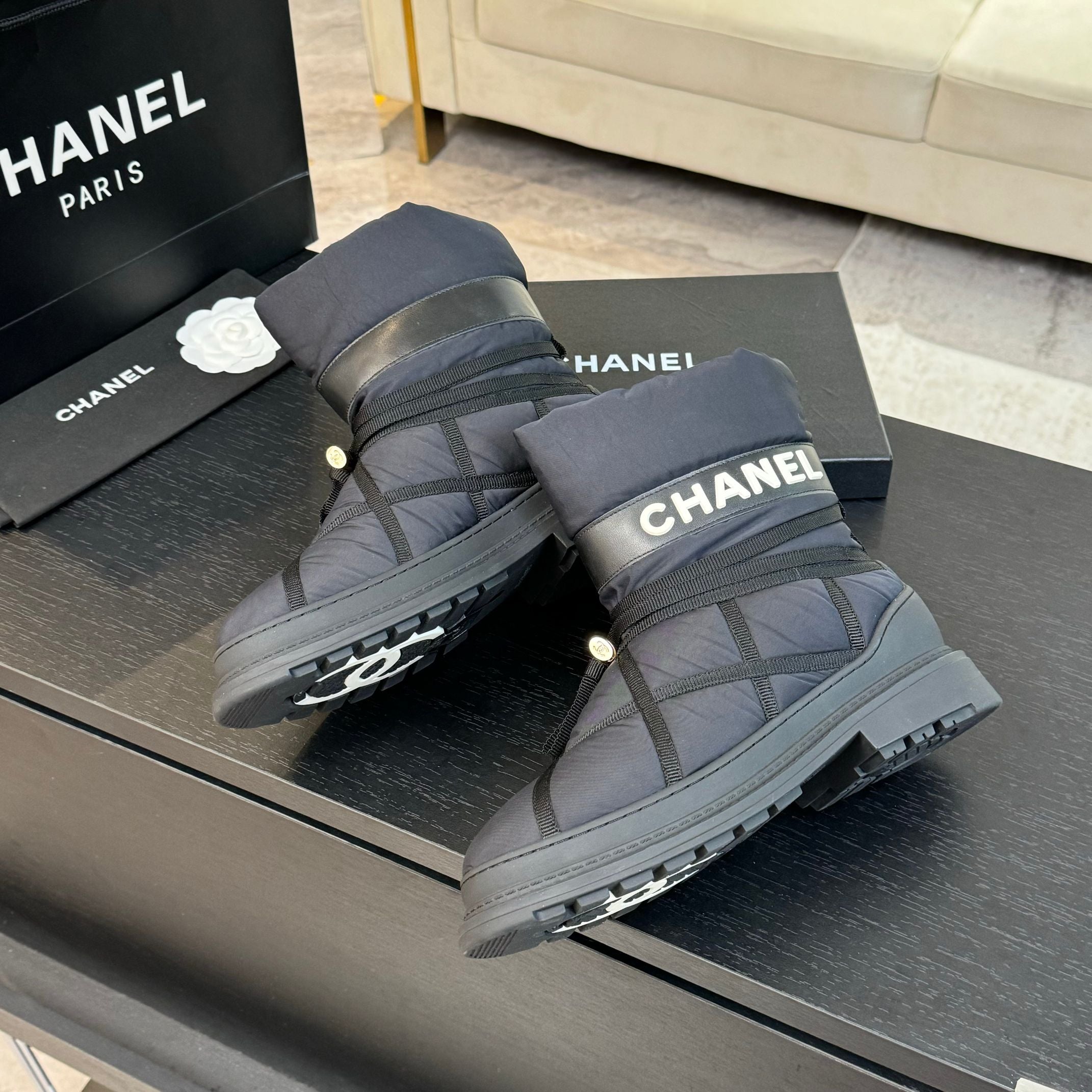 CC Ankle Boots Grey Mix Black Wind Cloth Quilted