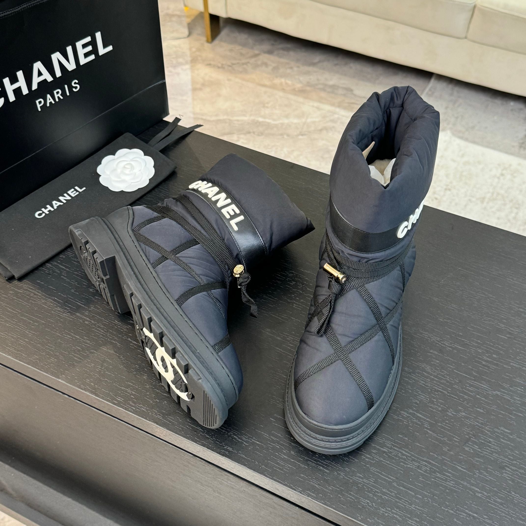 CC Ankle Boots Grey Mix Black Wind Cloth Quilted