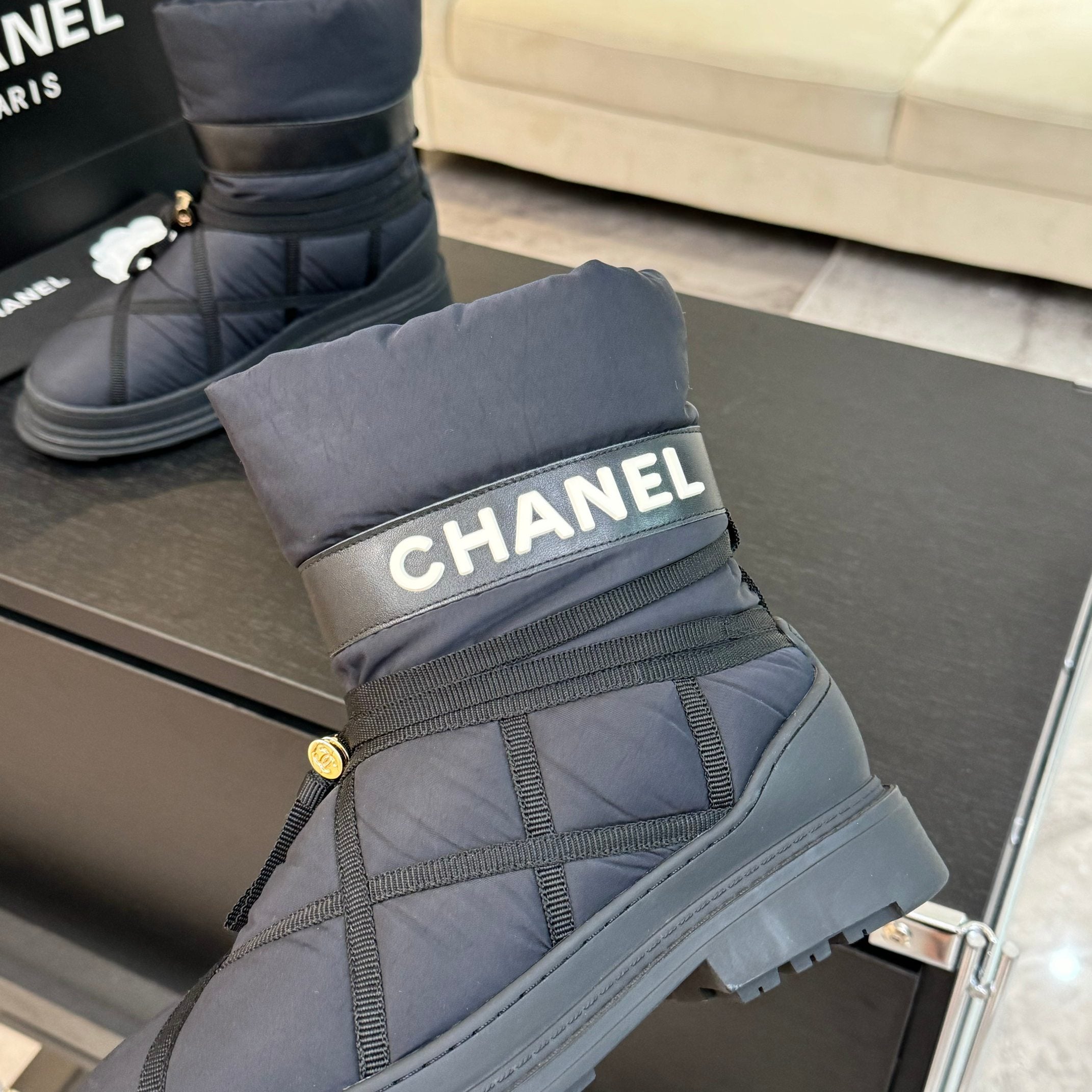 CC Ankle Boots Grey Mix Black Wind Cloth Quilted