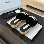 CC Slippers Black Wool And Calfskin