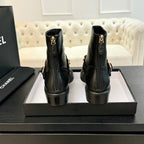 CC Short boots Black Cowhide Mix Fabric Denim