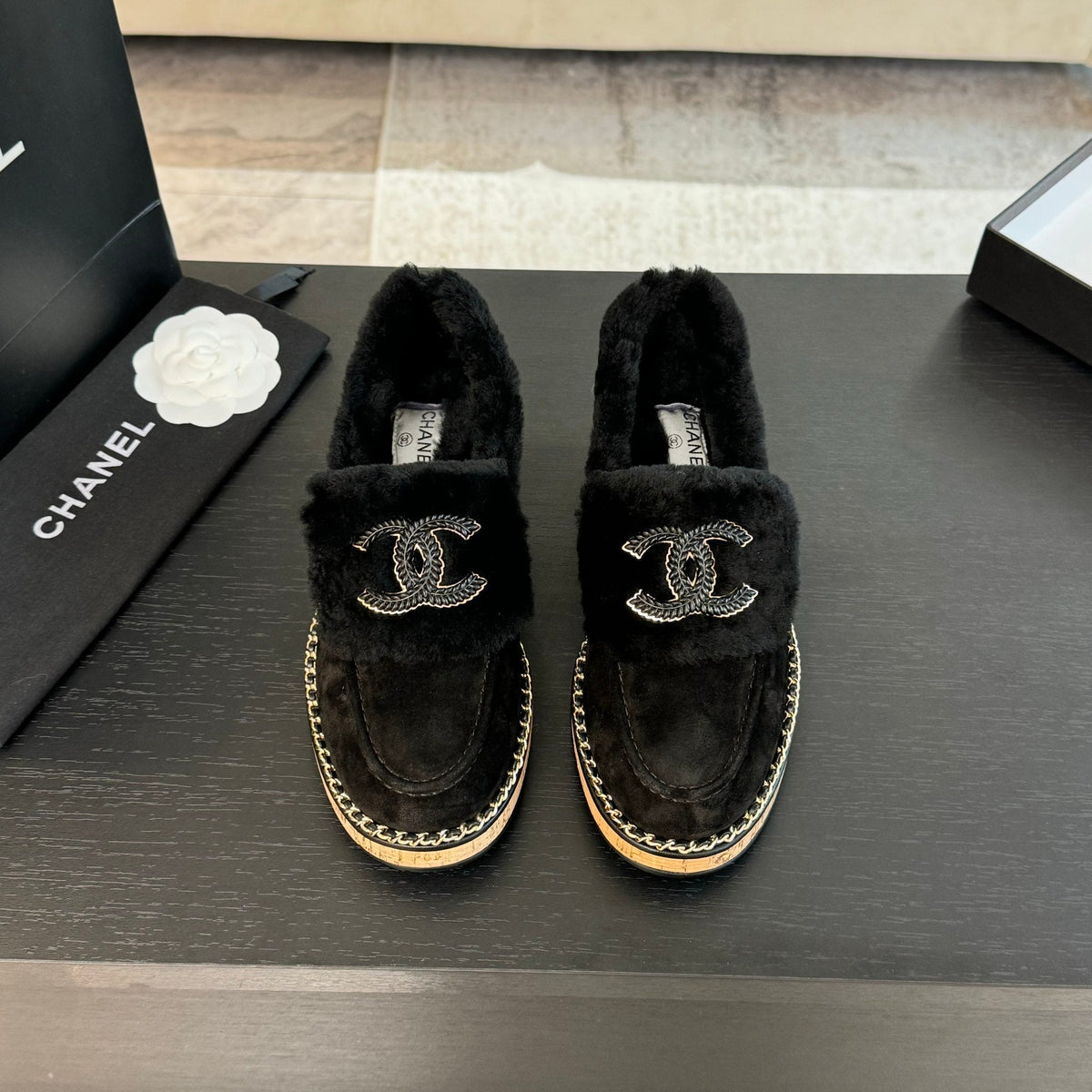 CC Moccasins Black Suede And Fleece