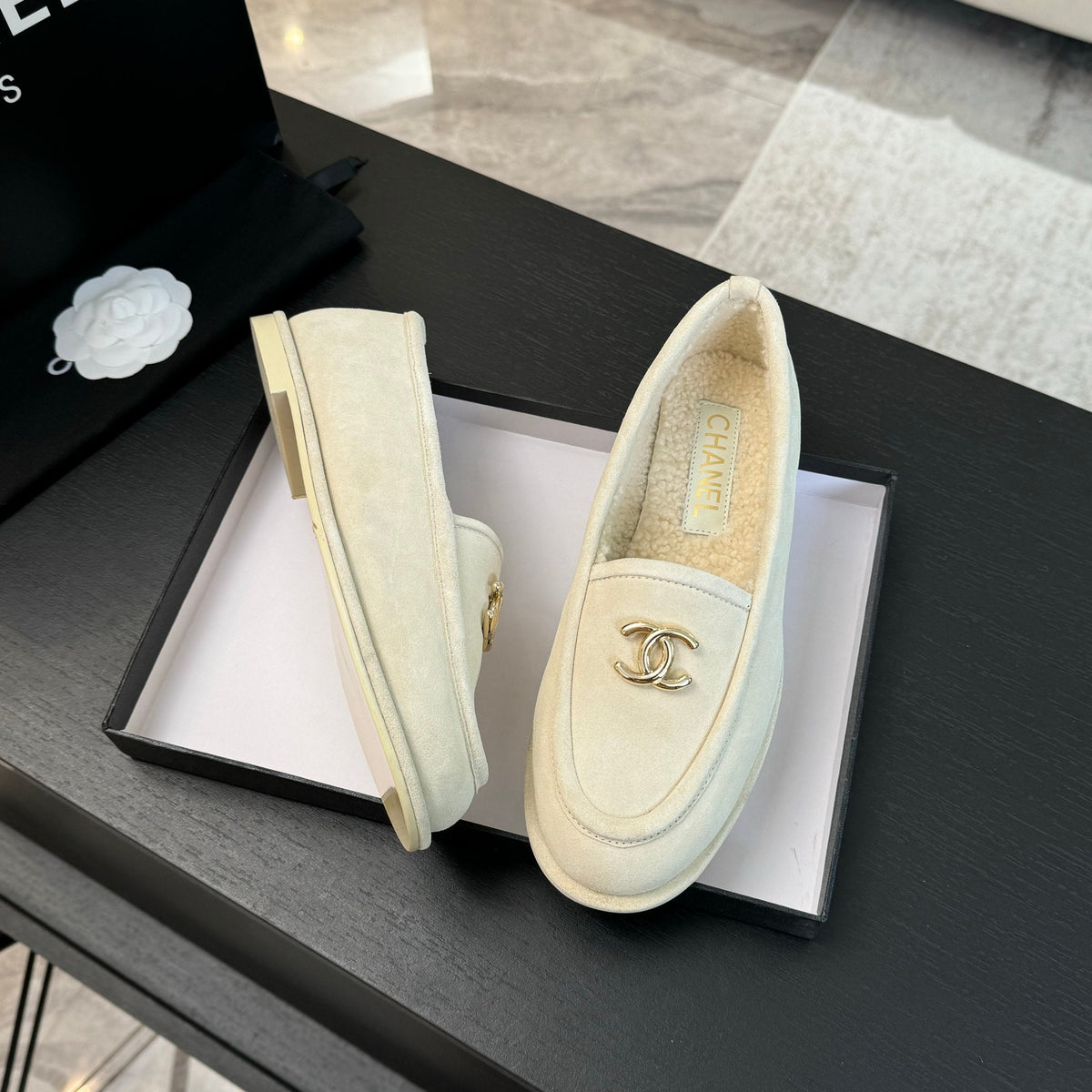 CC Moccasins White Suede And Wool