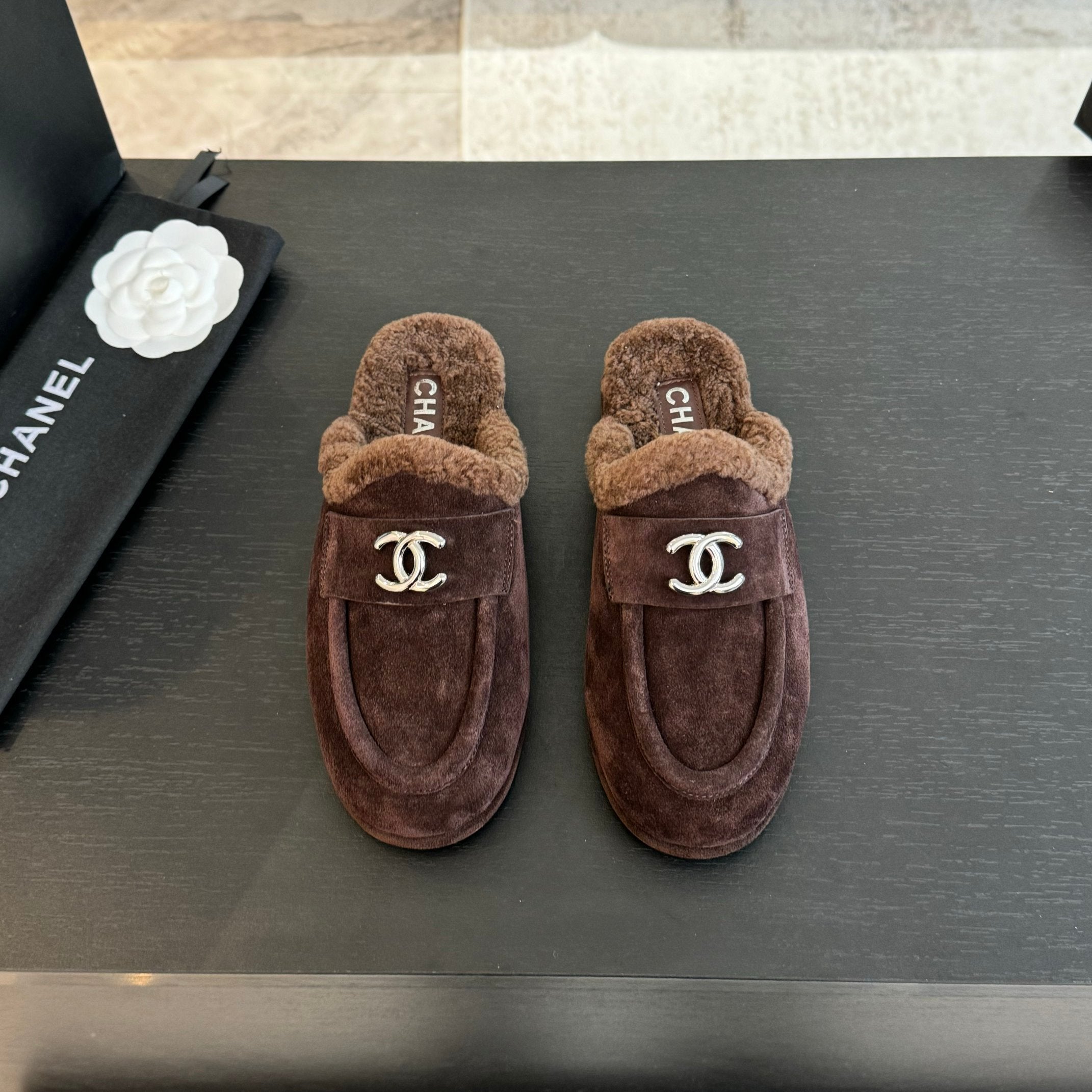 CC Mule Chocolate Suede Lamb Wool