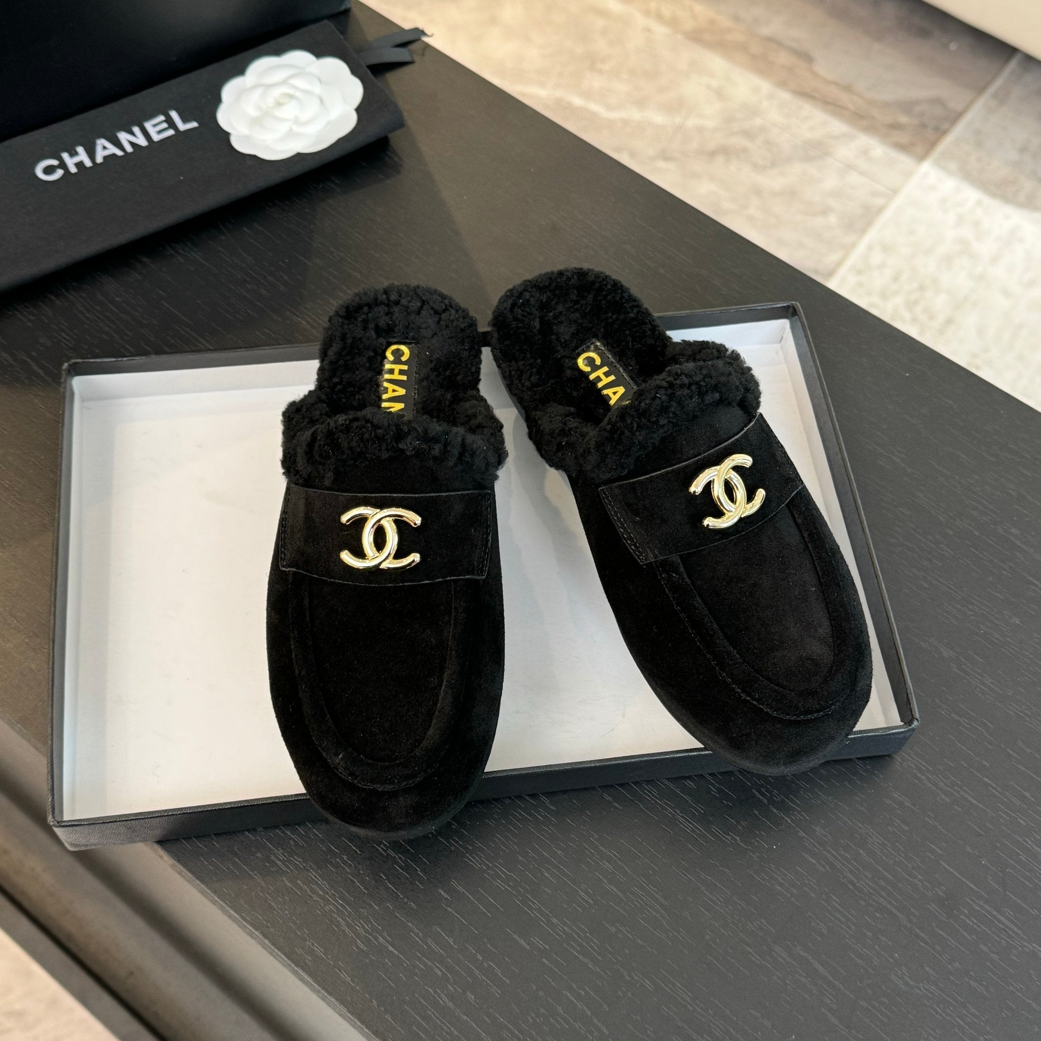 CC Mule Black Suede Lamb Wool