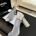 HIGH HEEL 85 MM SANDALS IN PALE GRAY SUEDE AND MESH