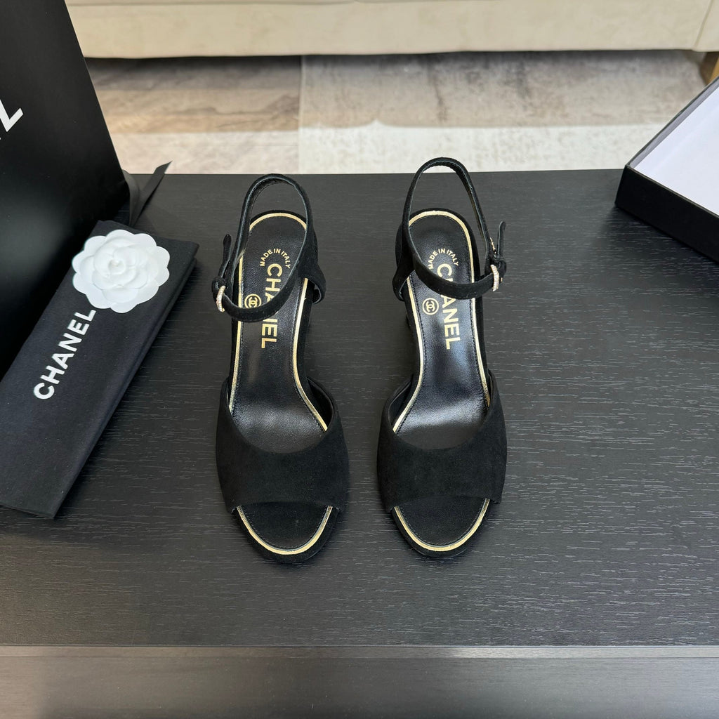 T-STRAP PEARL HEEL 85 MM SANDALS IN BLACK SUEDE