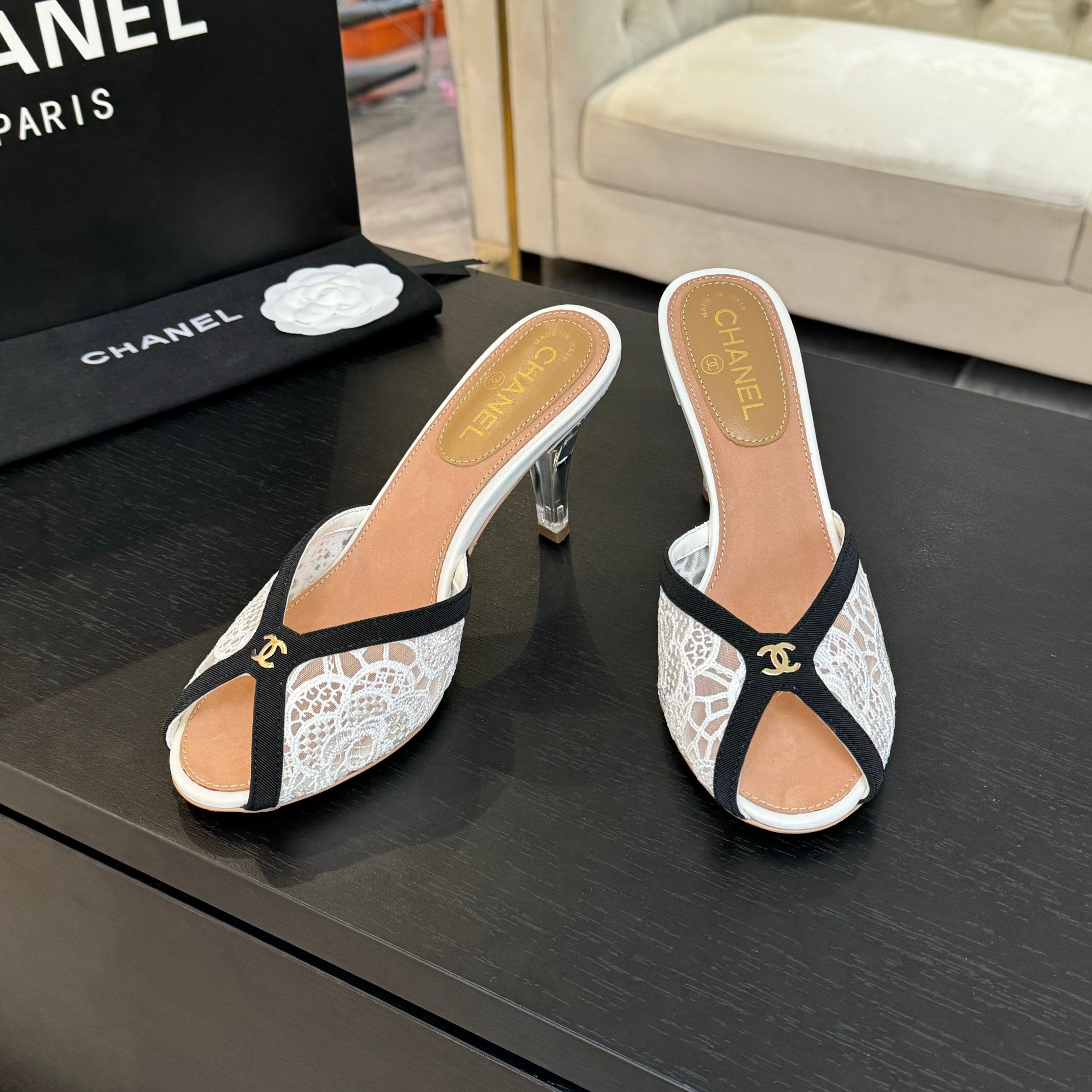 CC 26s Sandal 7cm Black White Mesh Lambskin 700610